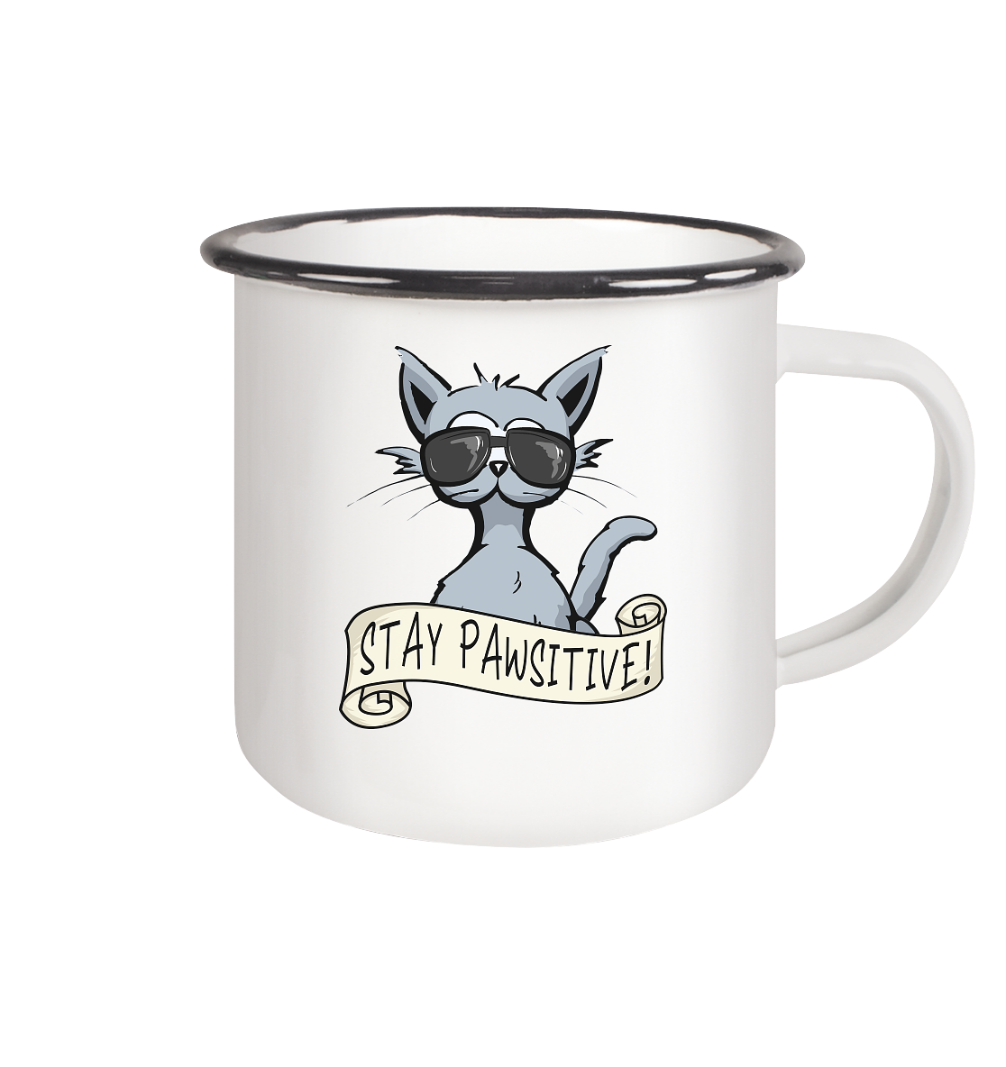 Stay Pawsitive Bleib lässig Hipster Katze - Emaille Tasse (Black)