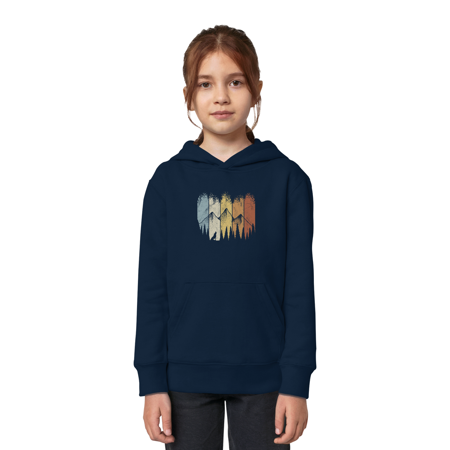 Retro Wald, Berge und Wolf - Kids Organic Hoodie