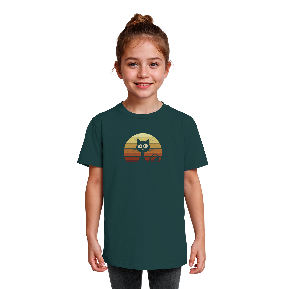 Katze vor Retro Sonnenuntergang - Kids Organic Shirt