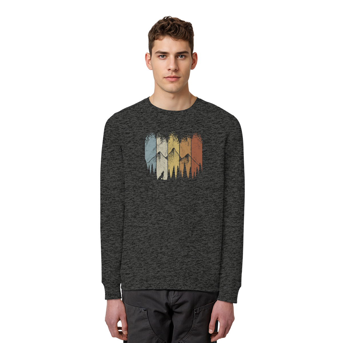 Retro Wald, Berge und Wolf - Organic Basic Unisex Sweatshirt