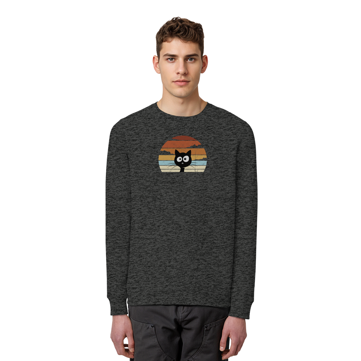 Retro schwarze Katze vor Sonnenuntergang - Organic Basic Unisex Sweatshirt