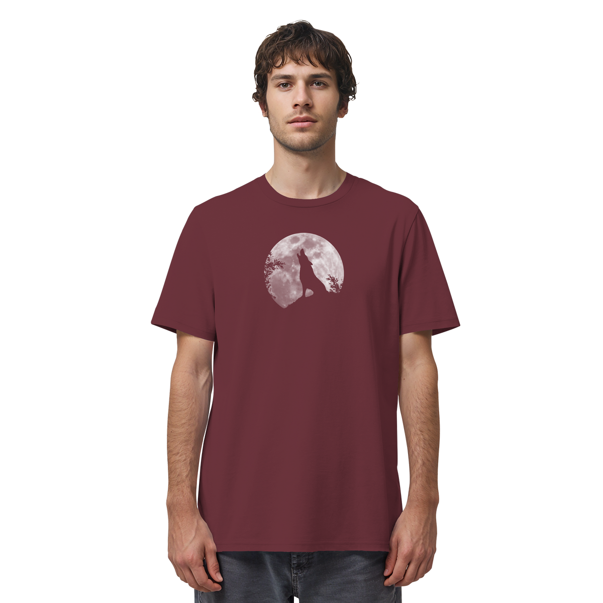 Heulender Wolf Silhouette vor Vollmond - Organic Shirt