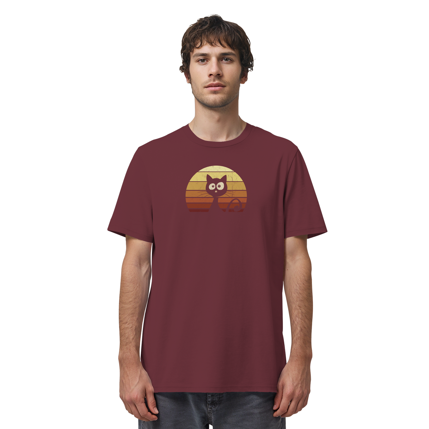 Katze vor Retro Sonnenuntergang - Organic Shirt