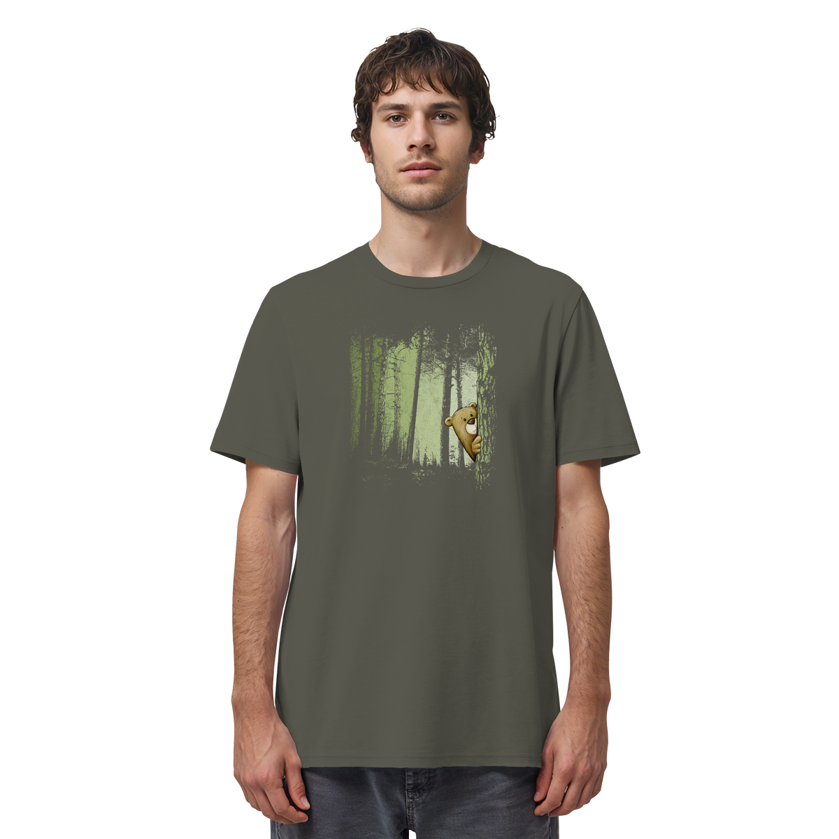 Comic Bär versteckt im Zwielicht Wald - Organic Shirt