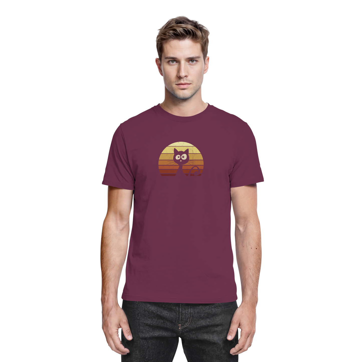 Katze vor Retro Sonnenuntergang - Premium Shirt