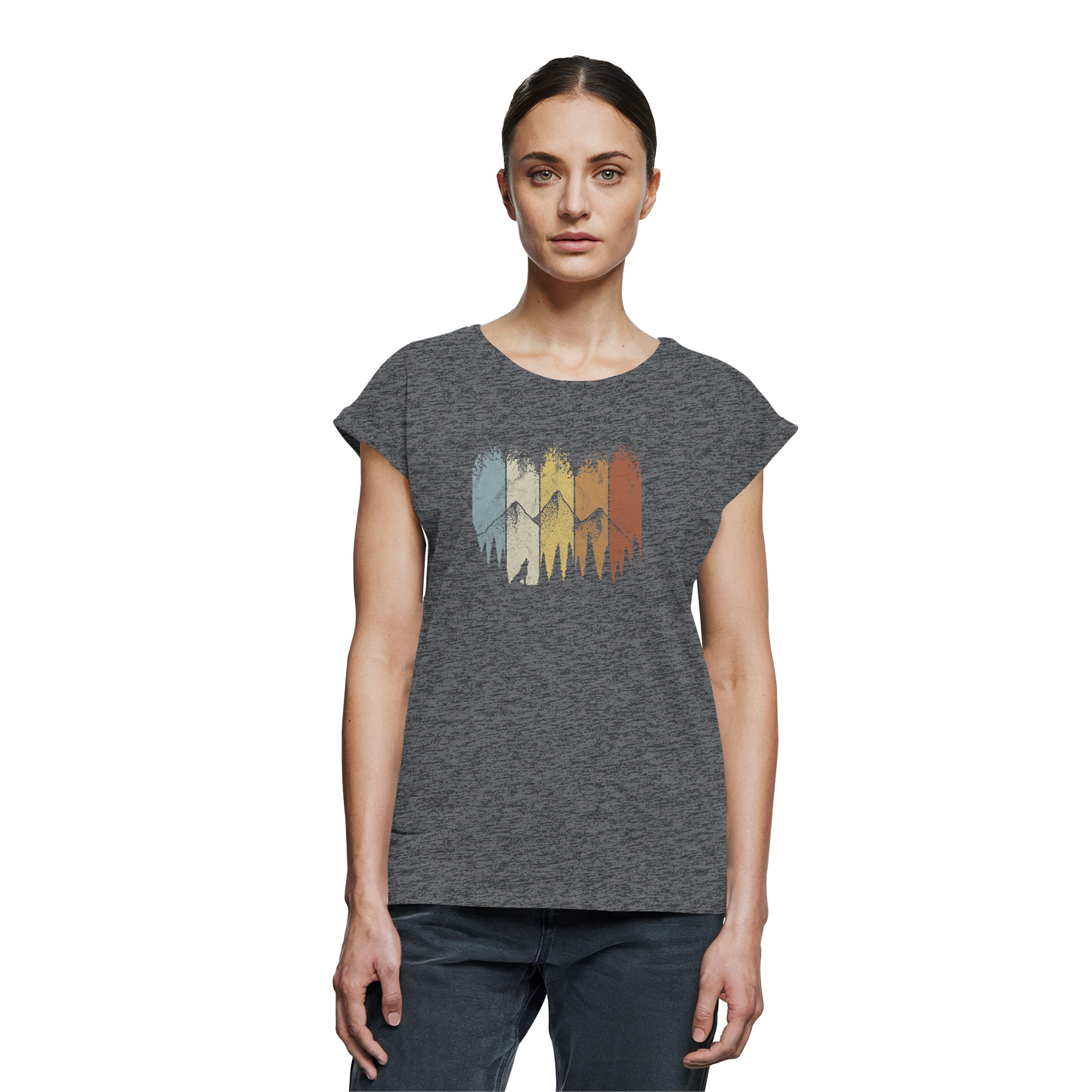 Retro Wald, Berge und Wolf - Womens Extended Shoulder T-Shirt
