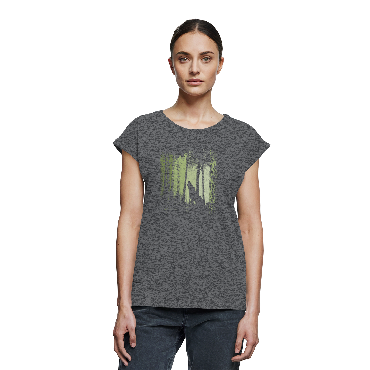 Einsamer Wolf im Zwielicht Wald - Womens Extended Shoulder T-Shirt