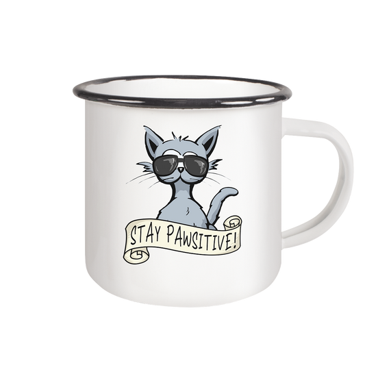 Stay Pawsitive Bleib lässig Hipster Katze - Emaille Tasse (Black)