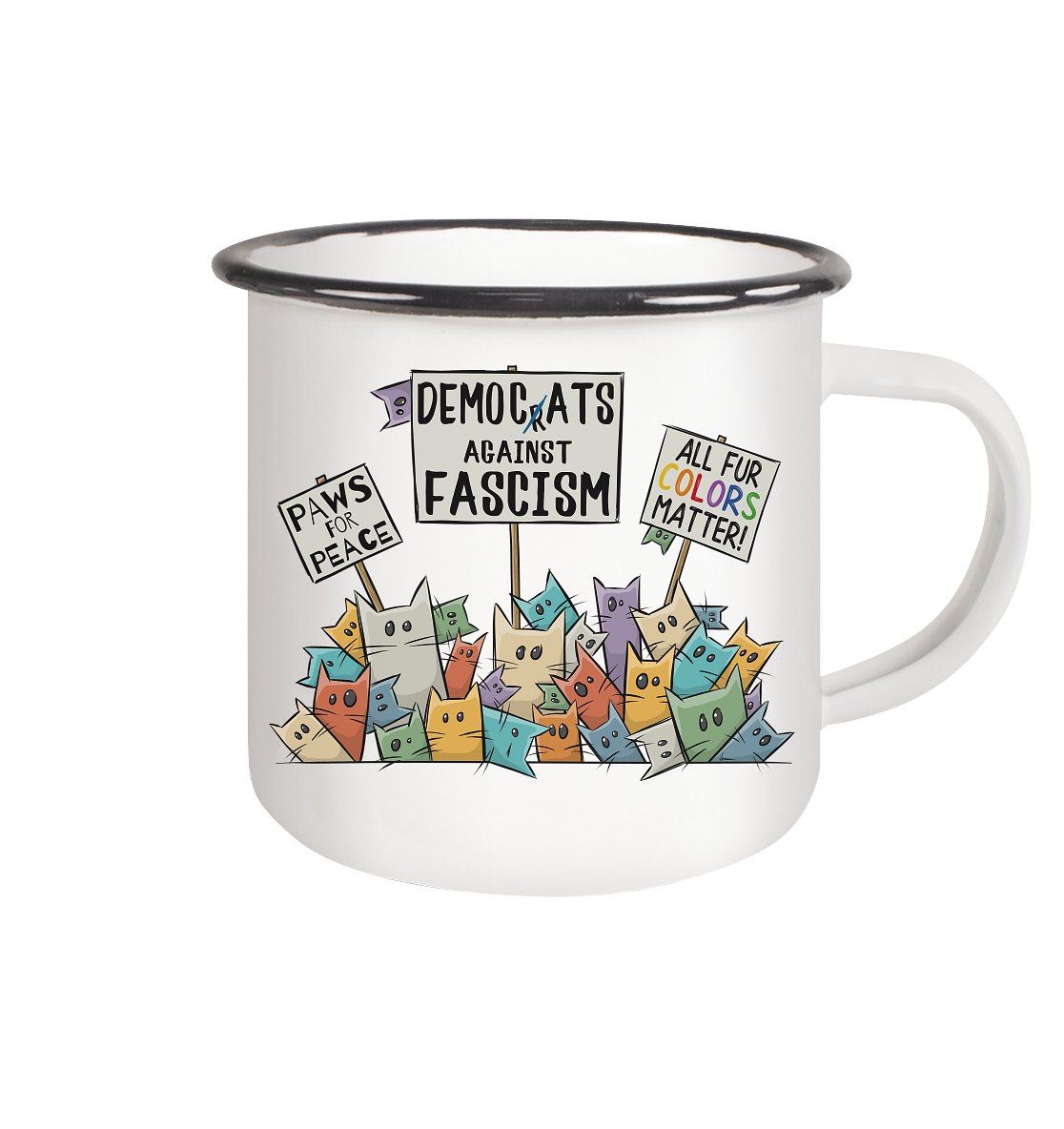 Demo-Katzen gegen Faschismus und für Vielfalt - Emaille Tasse (Black)