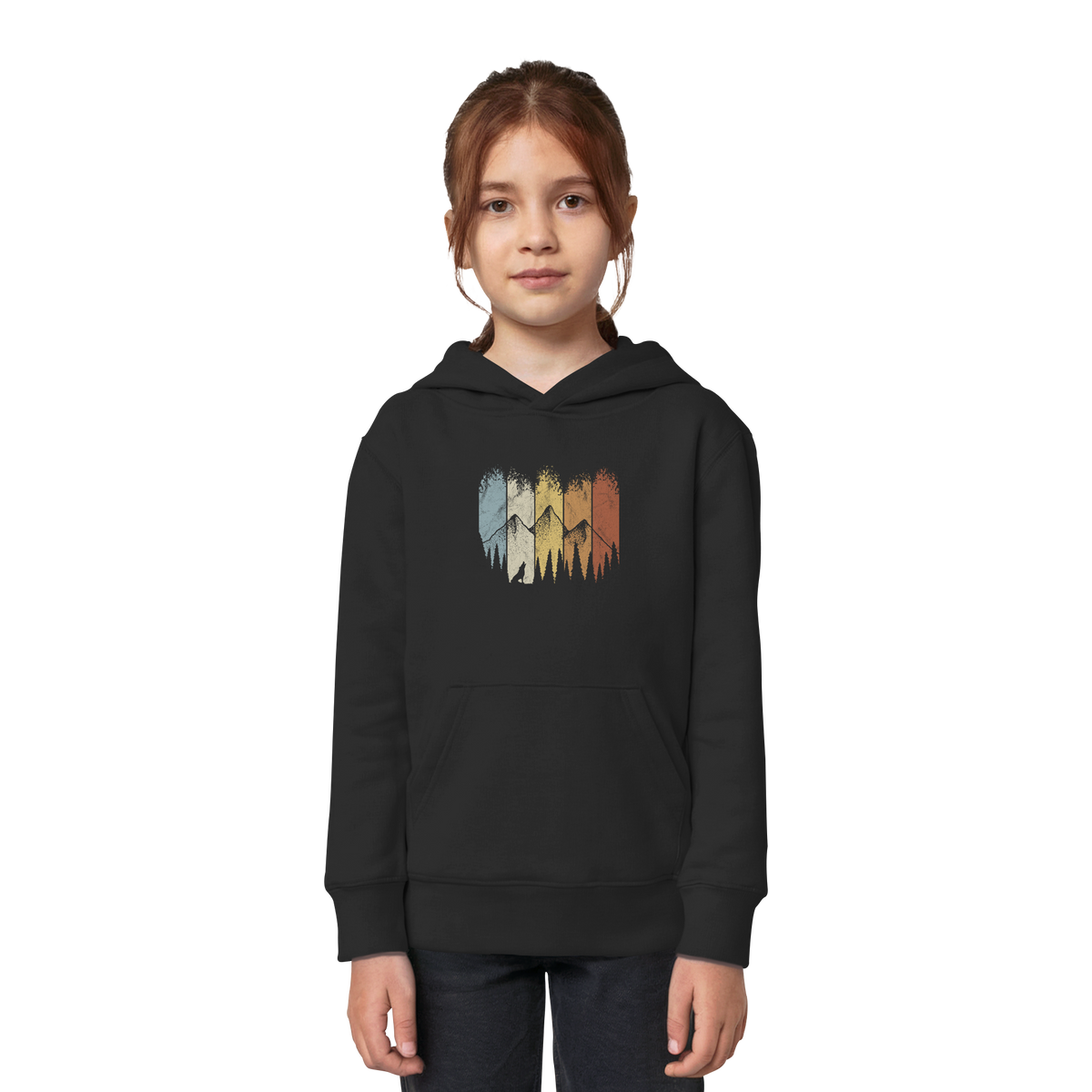 Retro Wald, Berge und Wolf  - Kids Organic Hoodie
