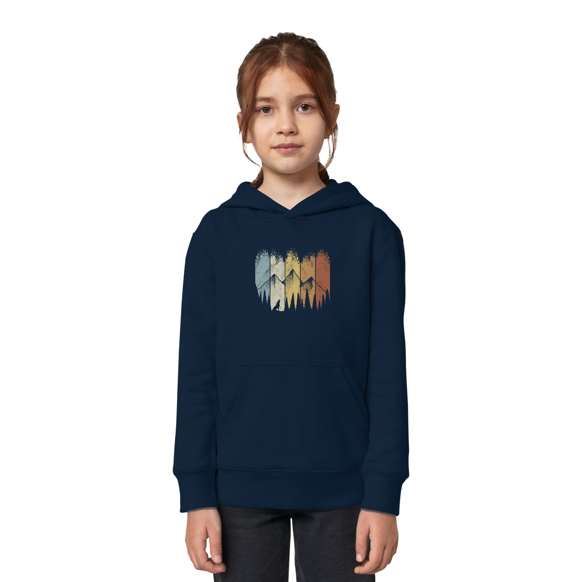 Retro Wald, Berge und Wolf  - Kids Organic Hoodie