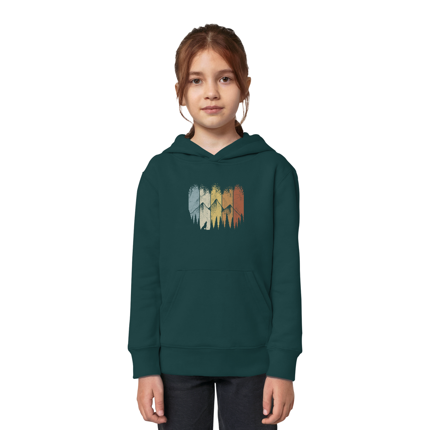 Retro Wald, Berge und Wolf  - Kids Organic Hoodie