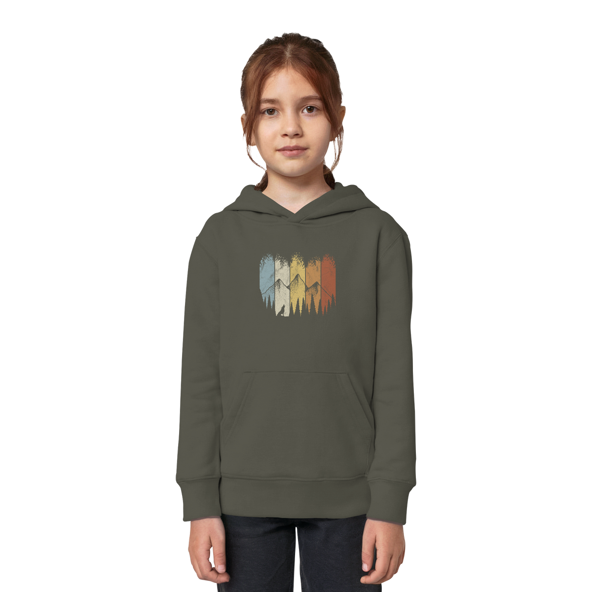 Retro Wald, Berge und Wolf  - Kids Organic Hoodie
