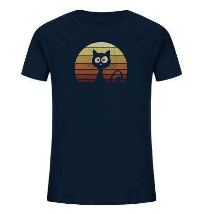 Katze vor Retro Sonnenuntergang - Kids Organic Shirt