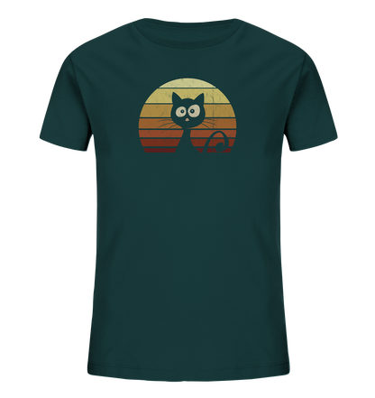 Katze vor Retro Sonnenuntergang - Kids Organic Shirt