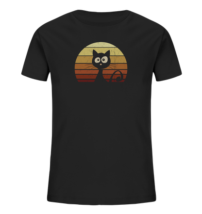 Katze vor Retro Sonnenuntergang - Kids Organic Shirt