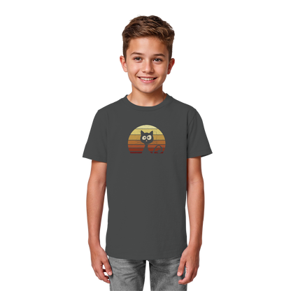 Katze vor Retro Sonnenuntergang - Kids Organic Shirt