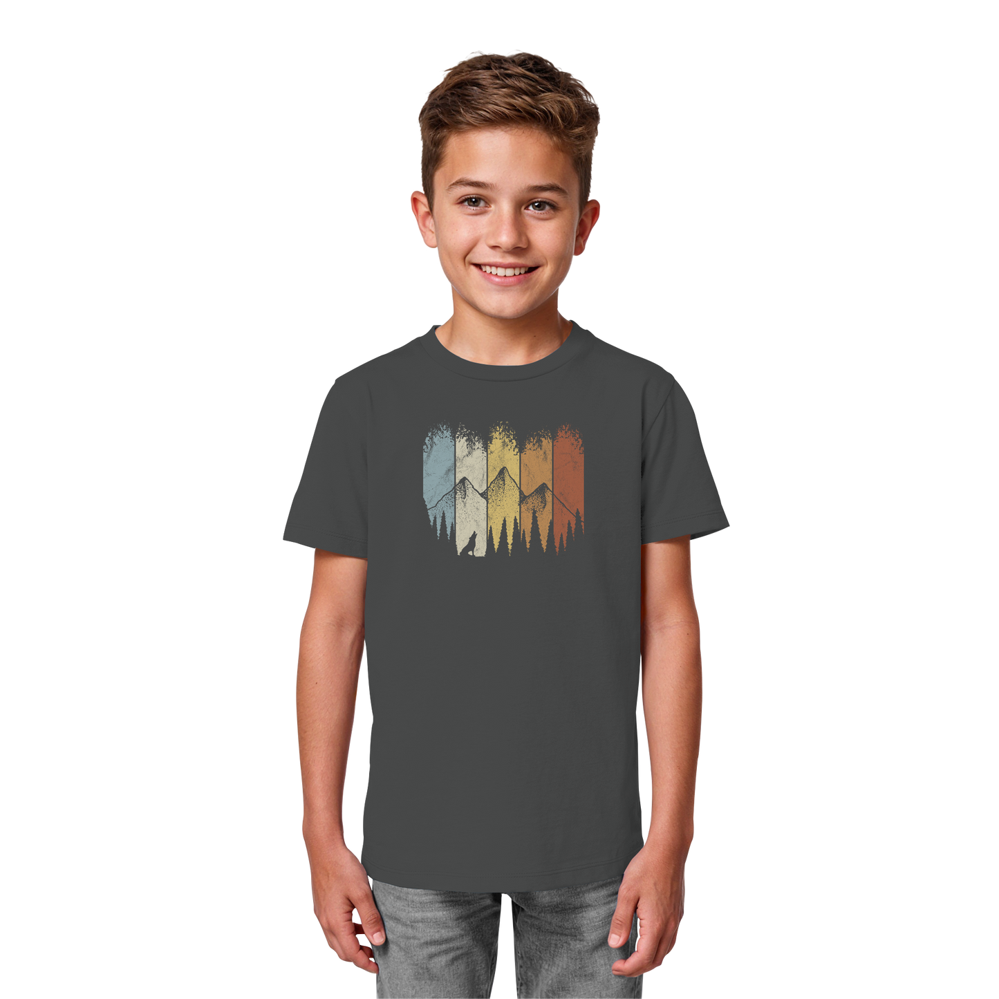 Retro Wald, Berge und Wolf  - Kids Organic Shirt