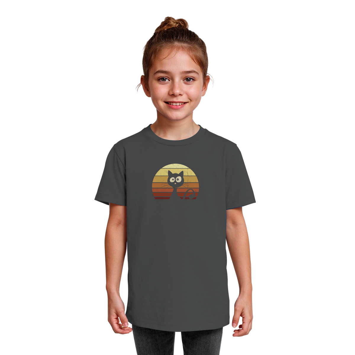 Katze vor Retro Sonnenuntergang - Kids Organic Shirt
