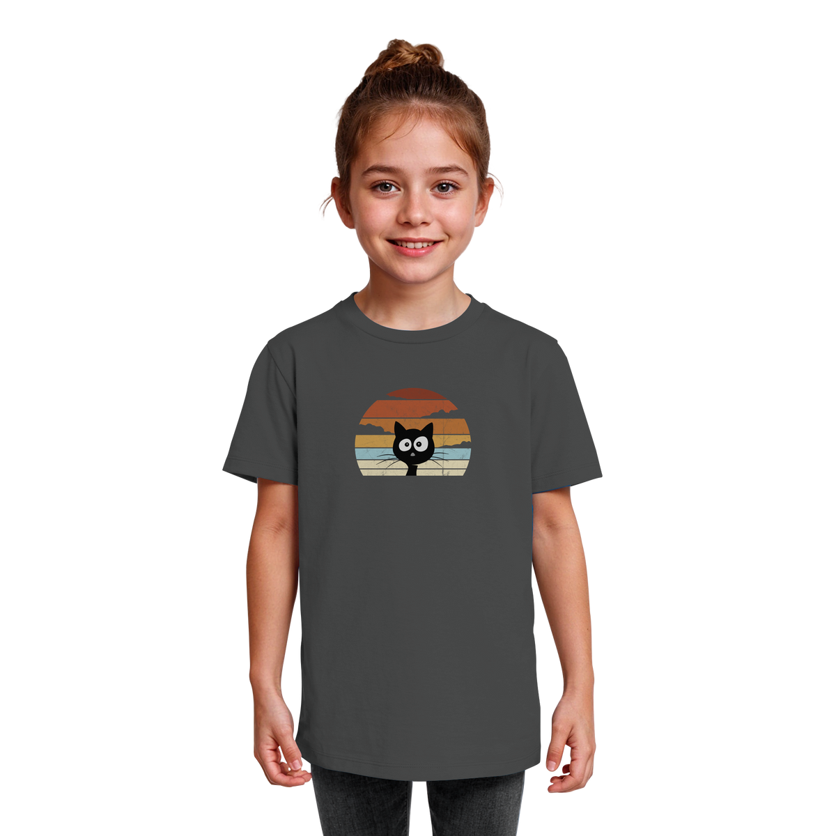 Retro schwarze Katze vor Sonnenuntergang - Kids Organic Shirt