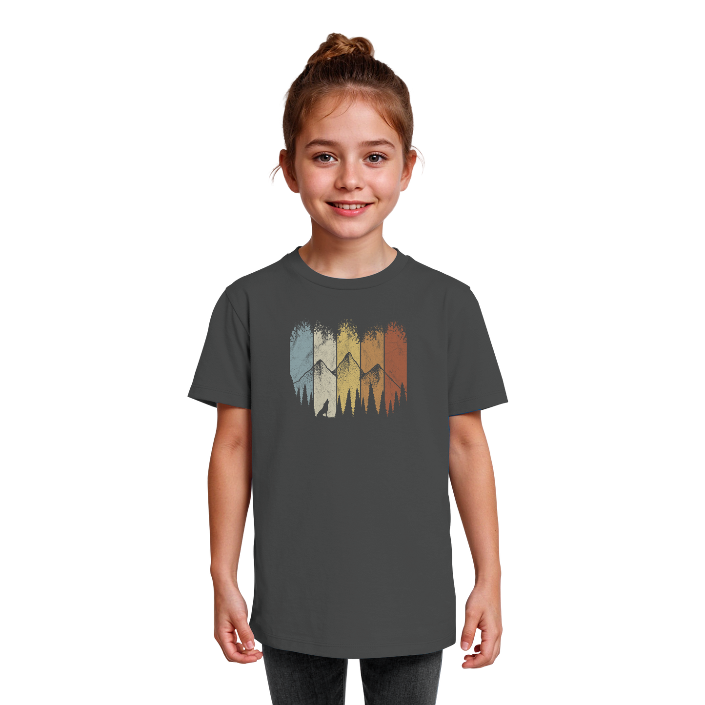 Retro Wald, Berge und Wolf  - Kids Organic Shirt