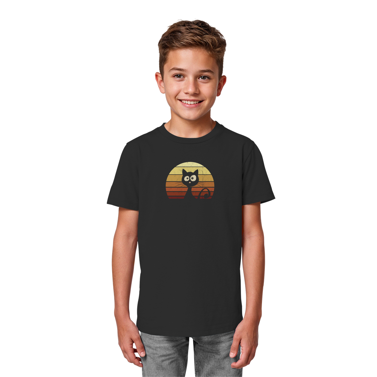 Katze vor Retro Sonnenuntergang - Kids Organic Shirt