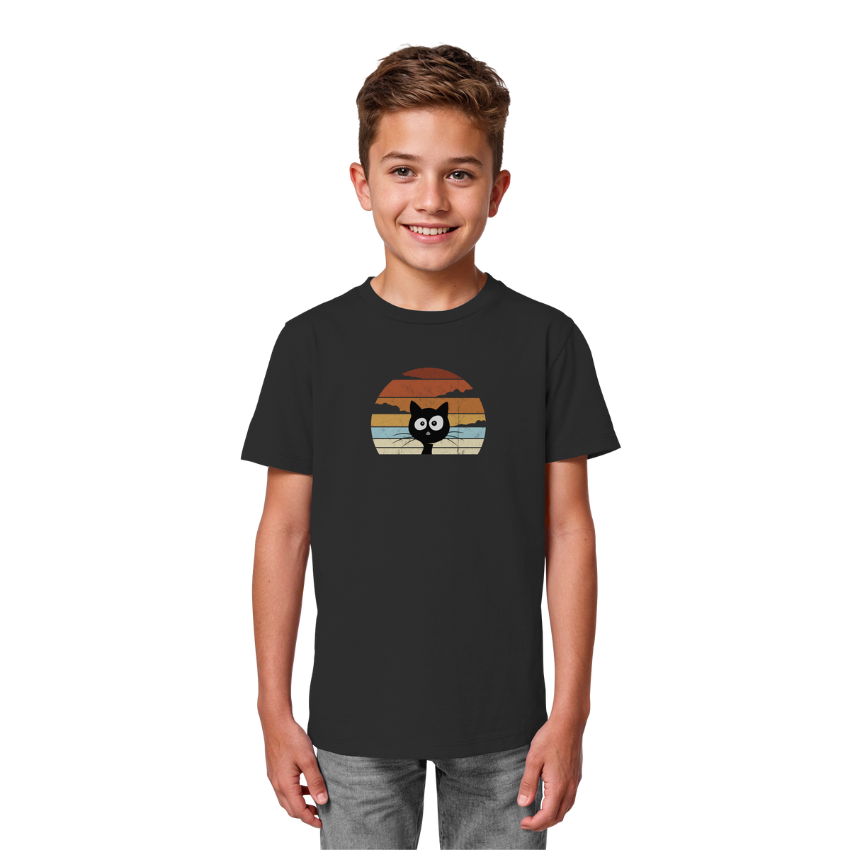Retro schwarze Katze vor Sonnenuntergang - Kids Organic Shirt
