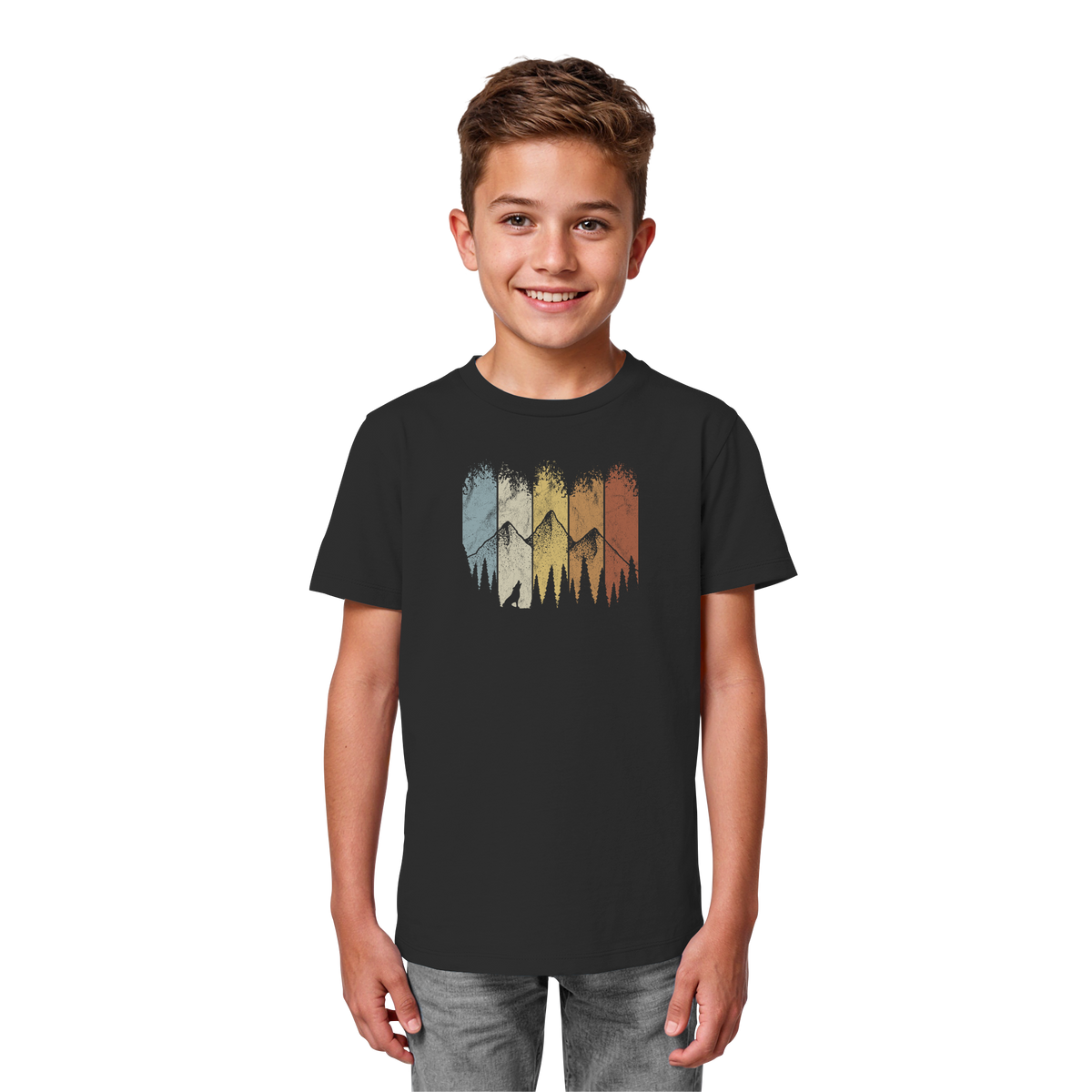 Retro Wald, Berge und Wolf  - Kids Organic Shirt