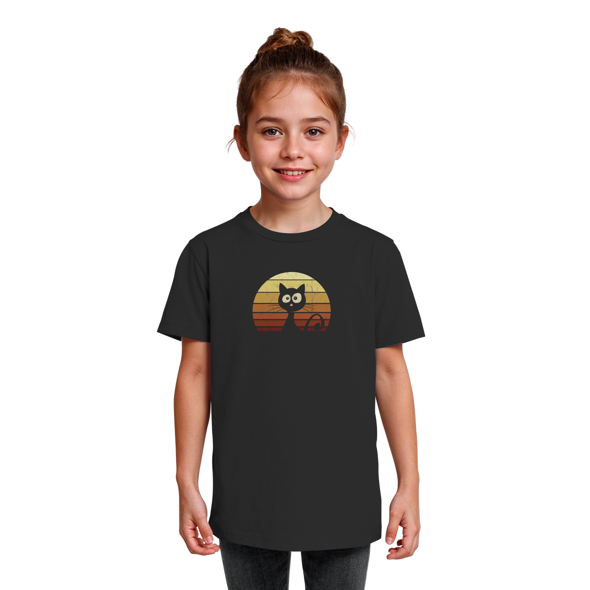 Katze vor Retro Sonnenuntergang - Kids Organic Shirt