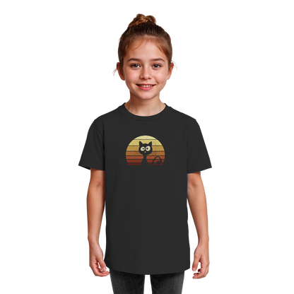 Katze vor Retro Sonnenuntergang - Kids Organic Shirt