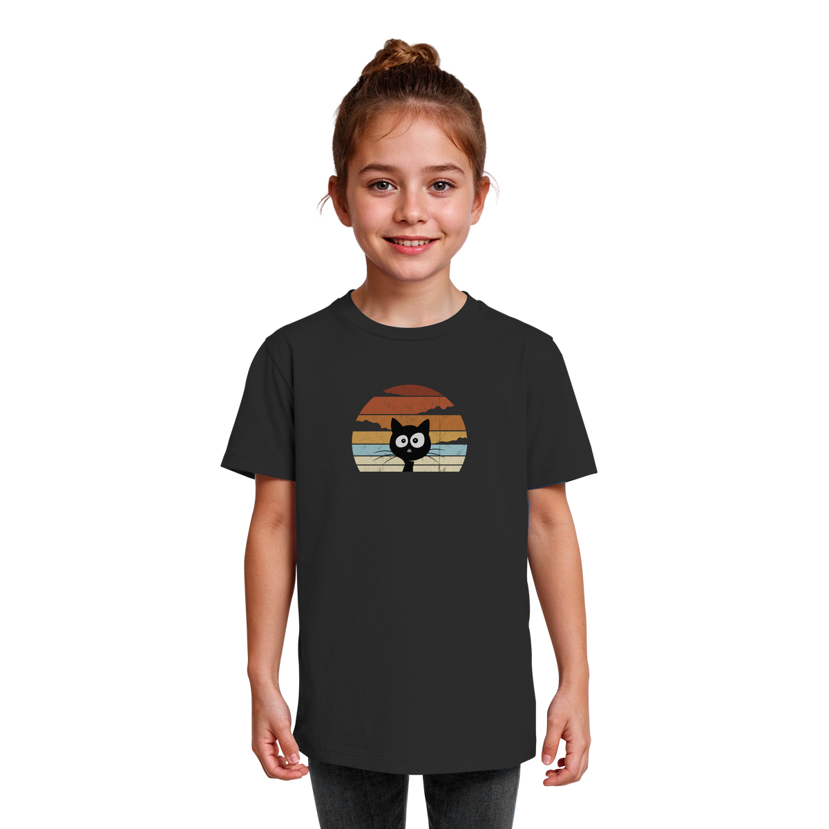 Retro schwarze Katze vor Sonnenuntergang - Kids Organic Shirt