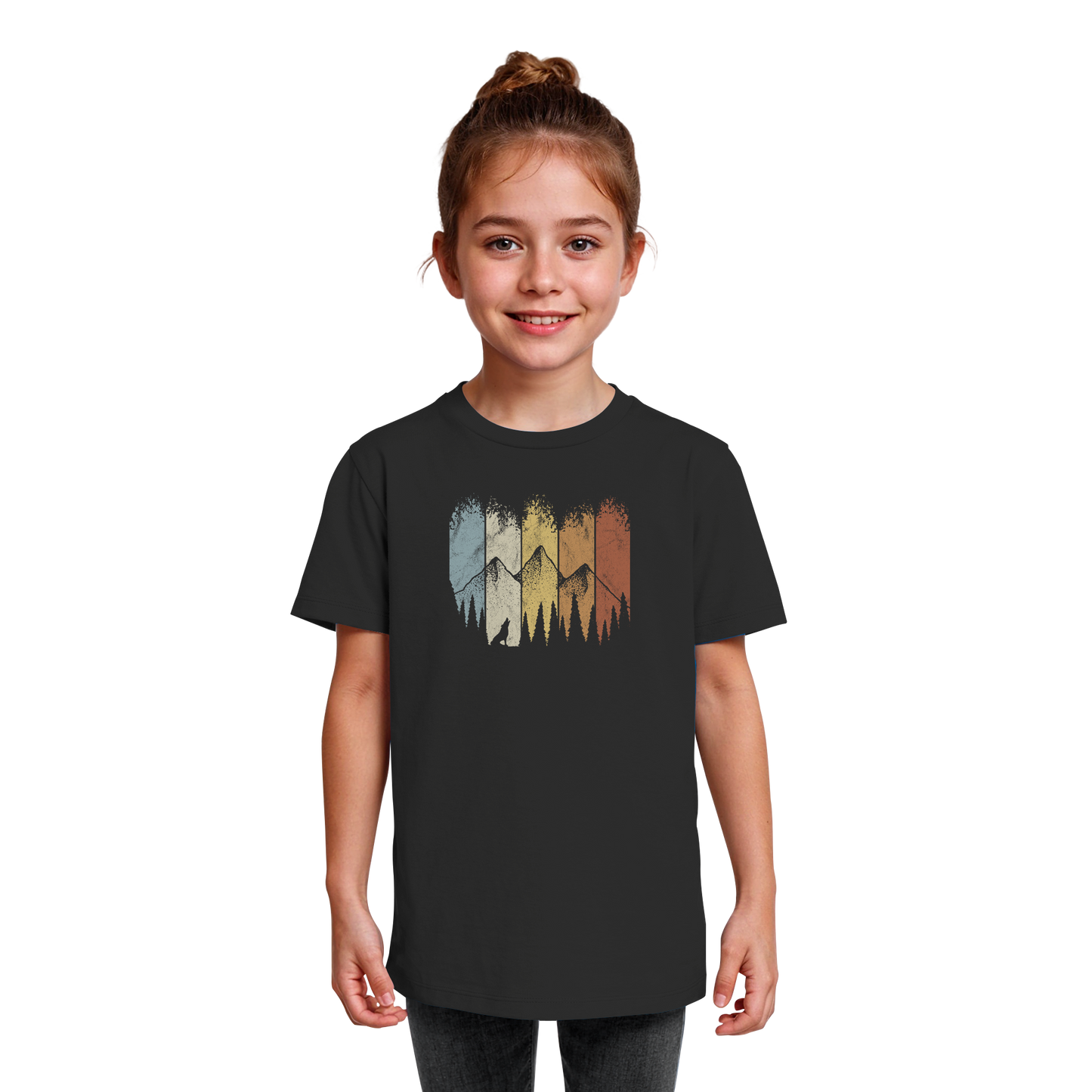 Retro Wald, Berge und Wolf  - Kids Organic Shirt