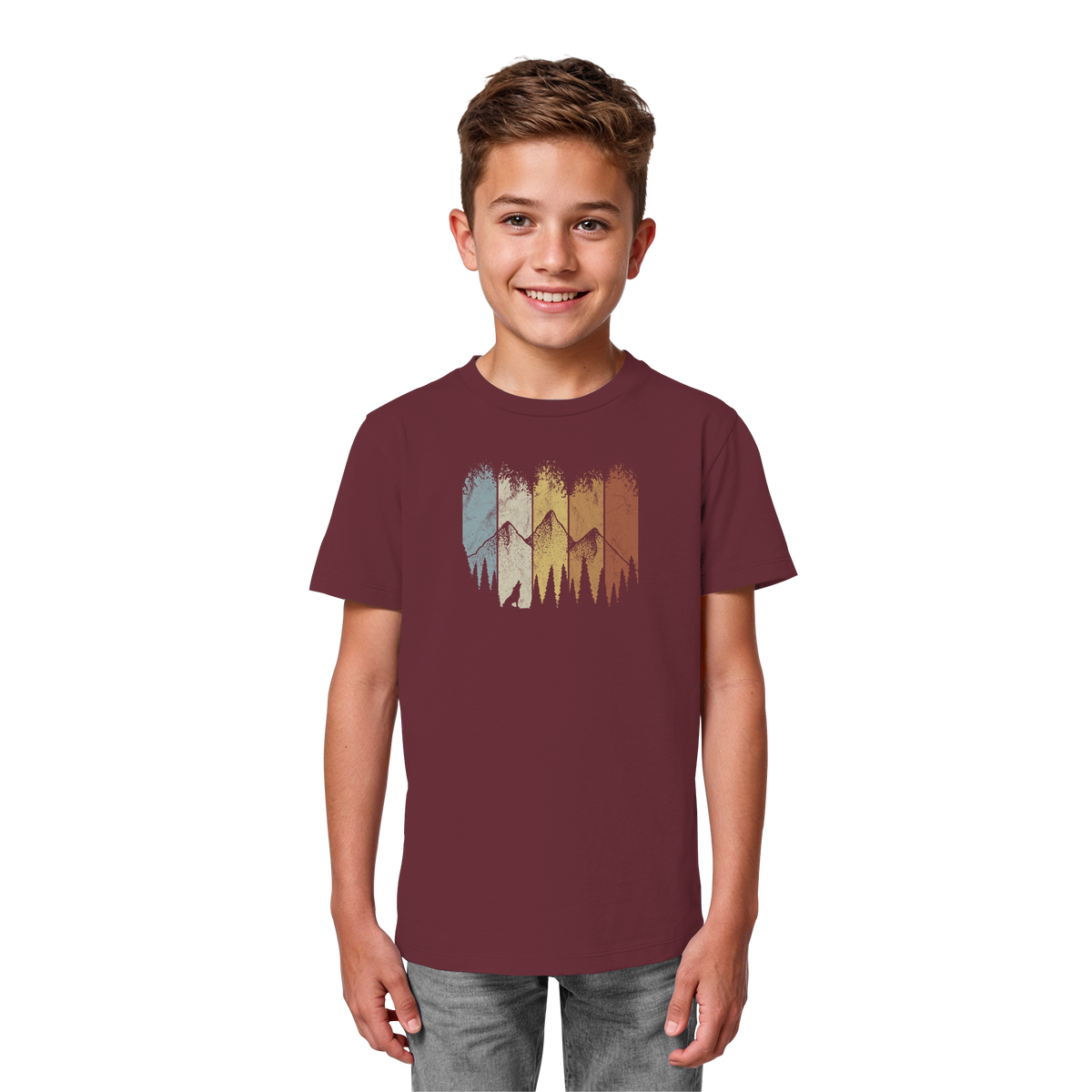 Retro Wald, Berge und Wolf  - Kids Organic Shirt