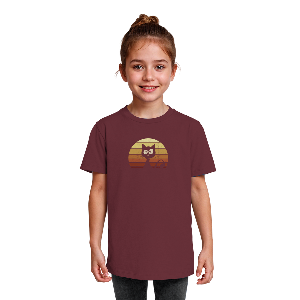 Katze vor Retro Sonnenuntergang - Kids Organic Shirt