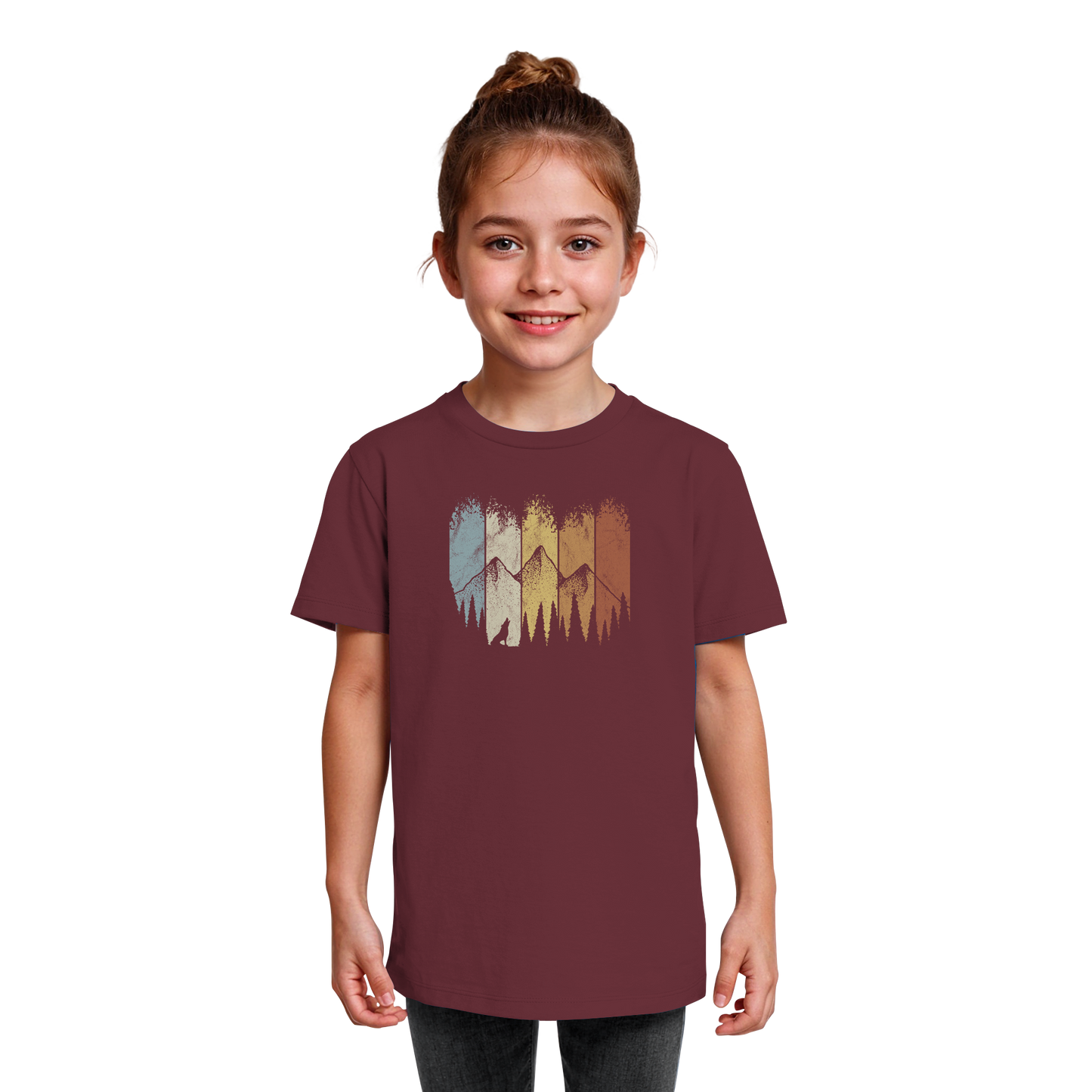 Retro Wald, Berge und Wolf  - Kids Organic Shirt