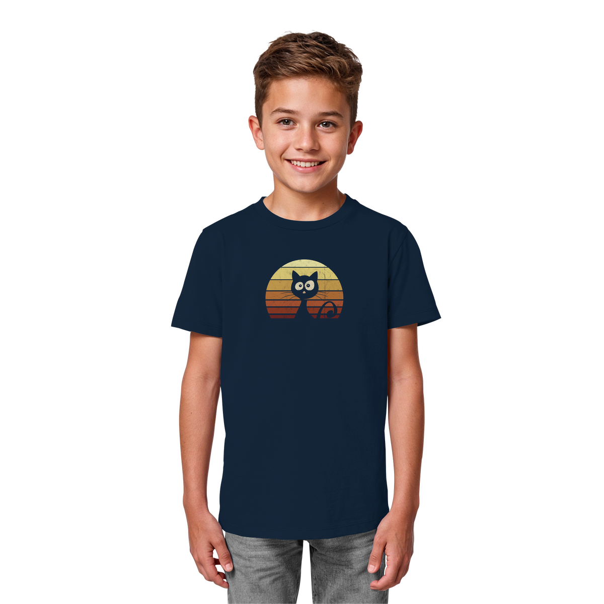 Katze vor Retro Sonnenuntergang - Kids Organic Shirt