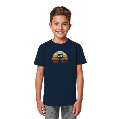 Katze vor Retro Sonnenuntergang - Kids Organic Shirt