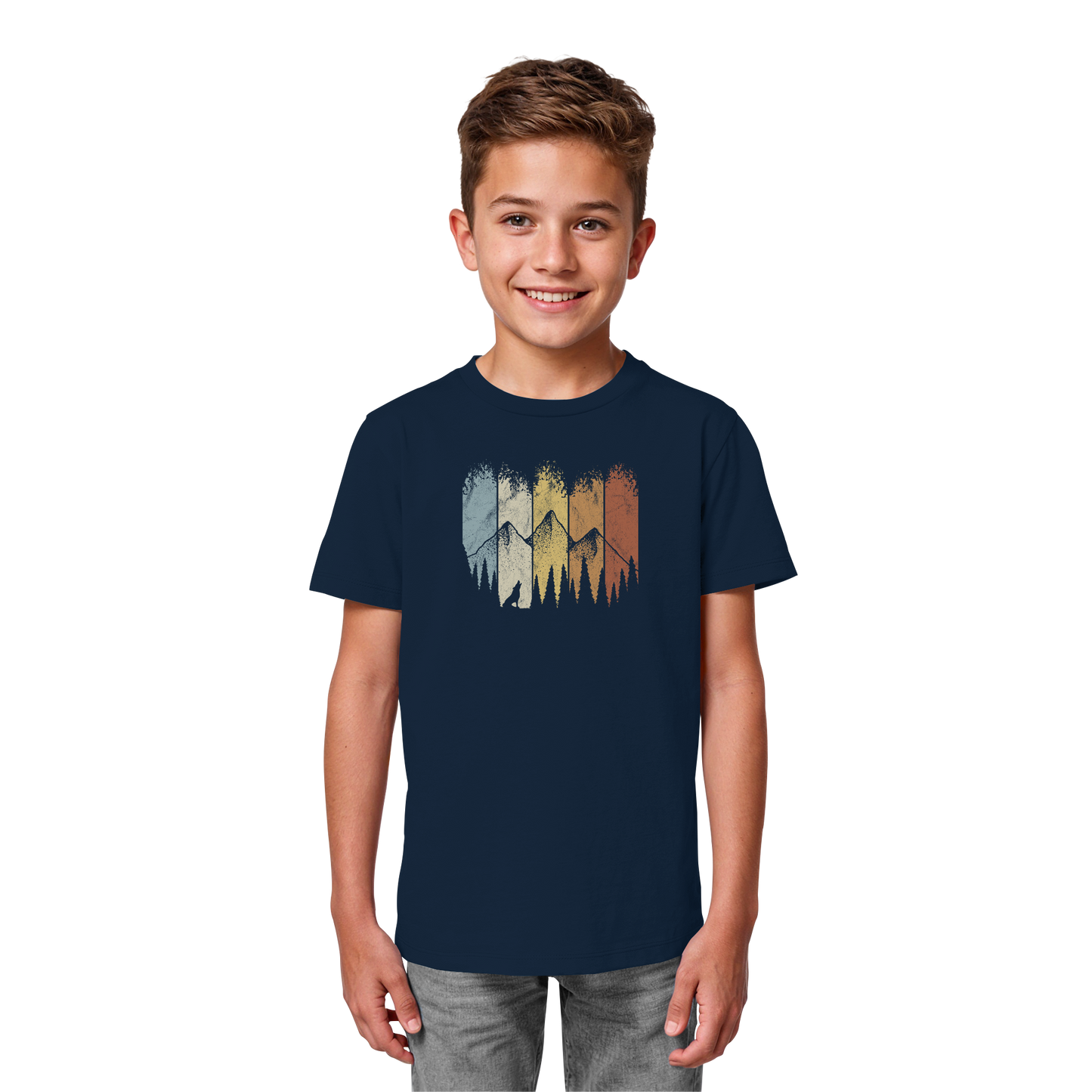 Retro Wald, Berge und Wolf  - Kids Organic Shirt