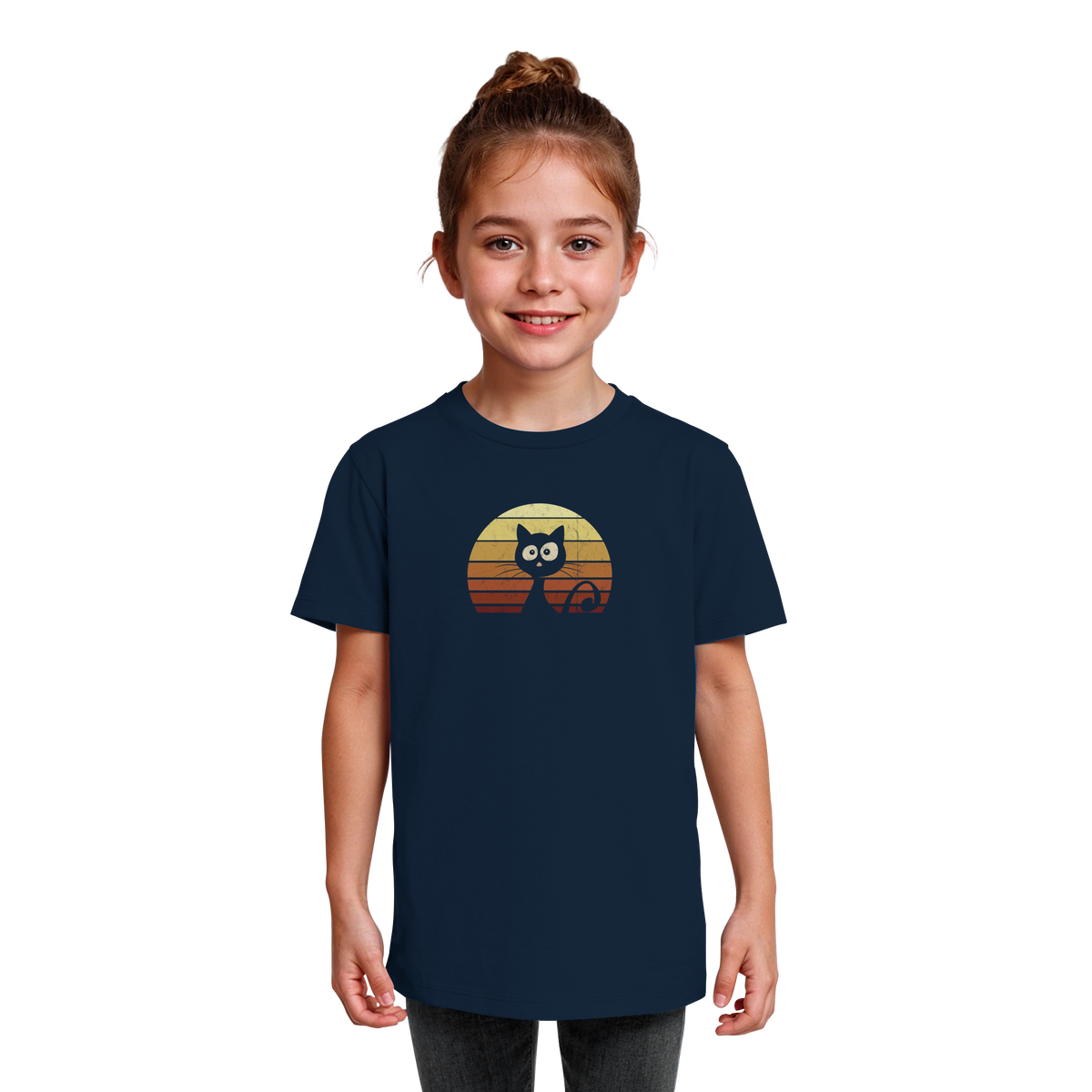 Katze vor Retro Sonnenuntergang - Kids Organic Shirt