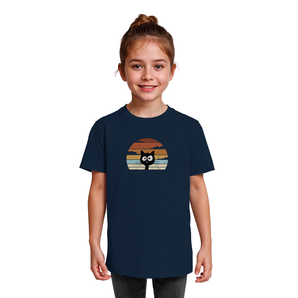 Retro schwarze Katze vor Sonnenuntergang - Kids Organic Shirt