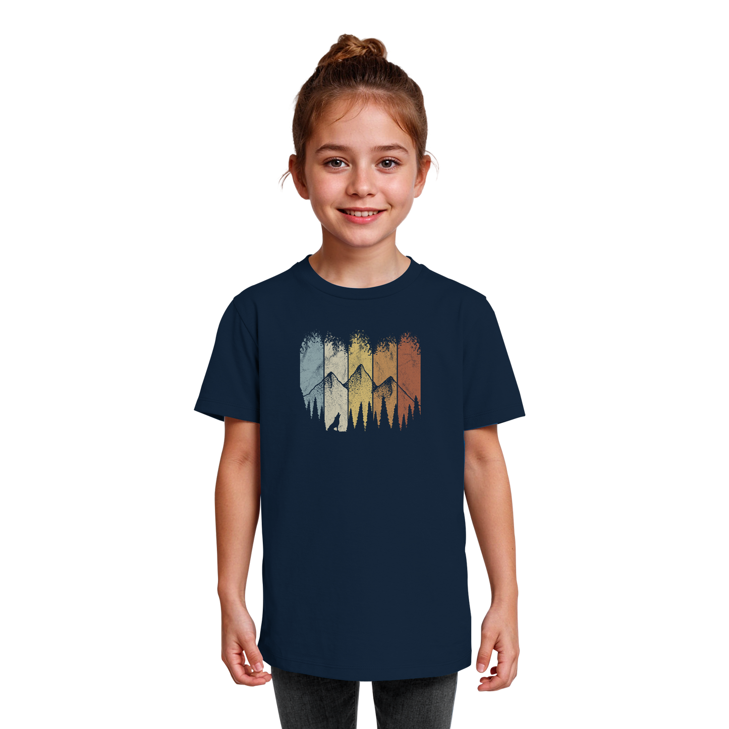 Retro Wald, Berge und Wolf  - Kids Organic Shirt
