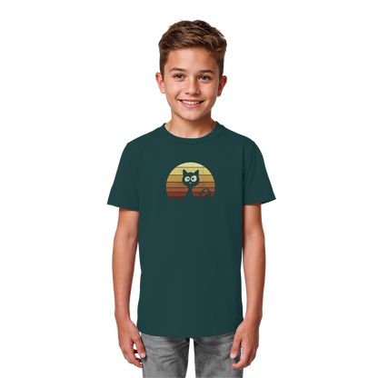 Katze vor Retro Sonnenuntergang - Kids Organic Shirt