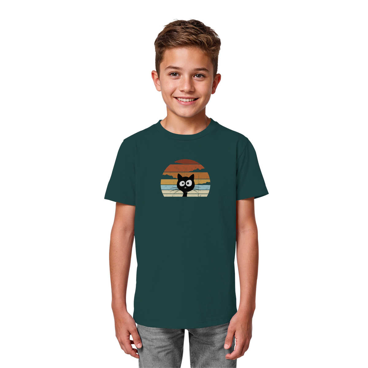 Retro schwarze Katze vor Sonnenuntergang - Kids Organic Shirt