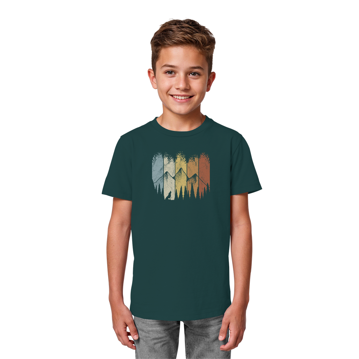 Retro Wald, Berge und Wolf  - Kids Organic Shirt