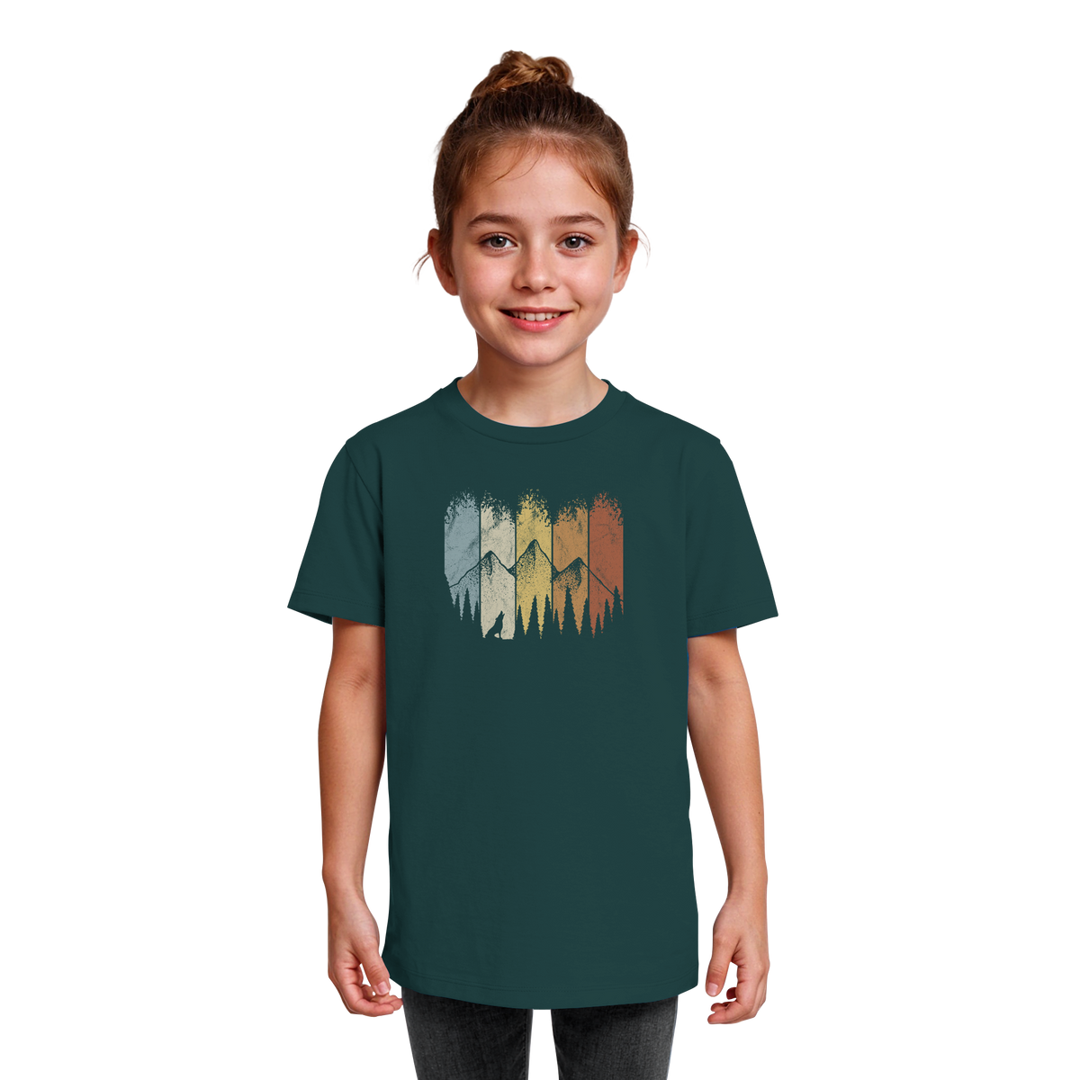 Retro Wald, Berge und Wolf  - Kids Organic Shirt
