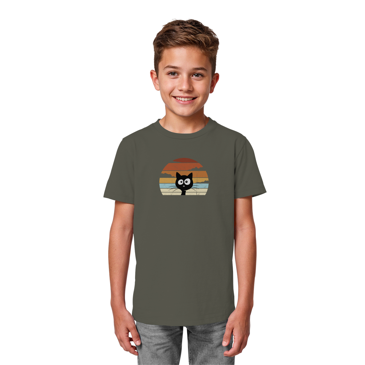 Retro schwarze Katze vor Sonnenuntergang - Kids Organic Shirt