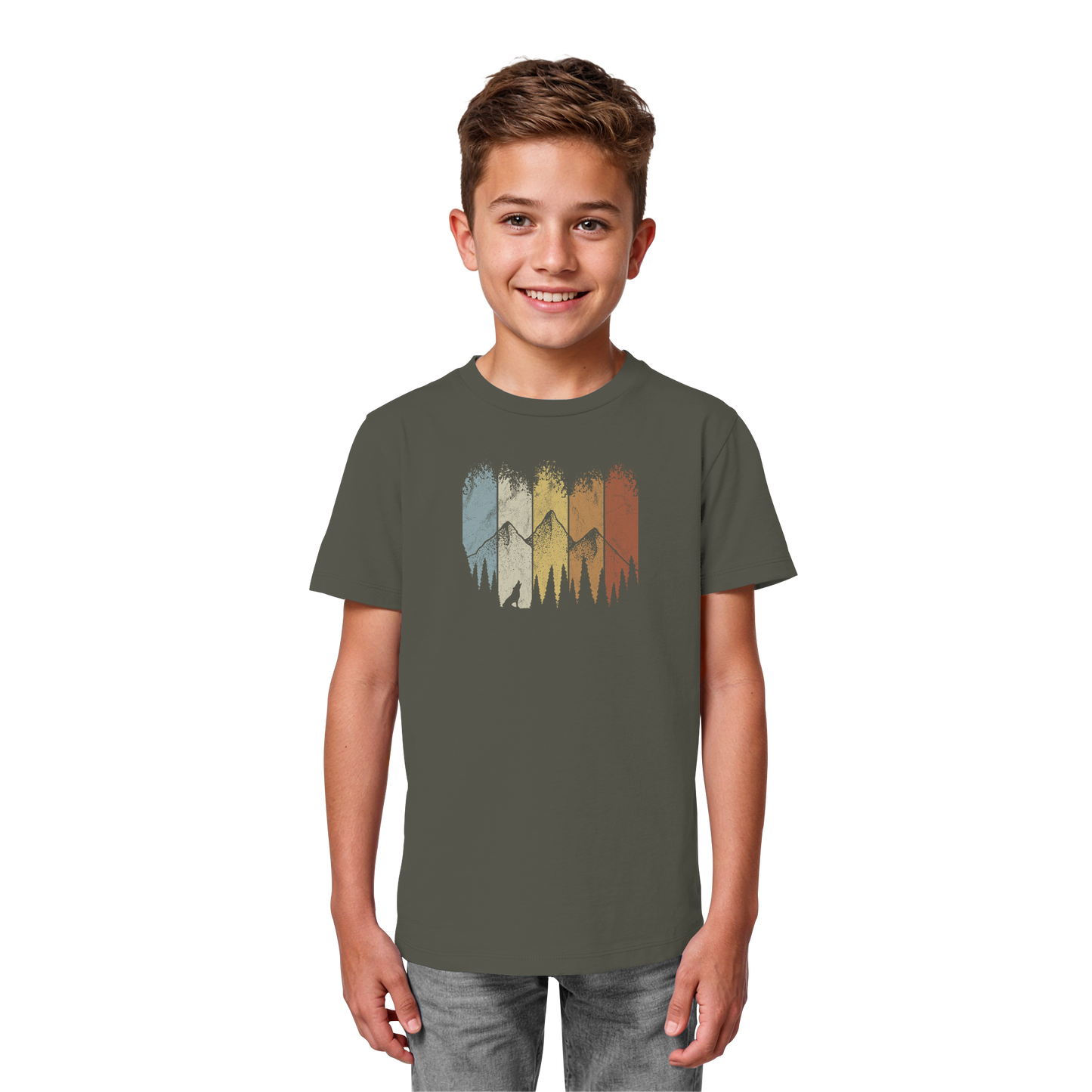 Retro Wald, Berge und Wolf  - Kids Organic Shirt