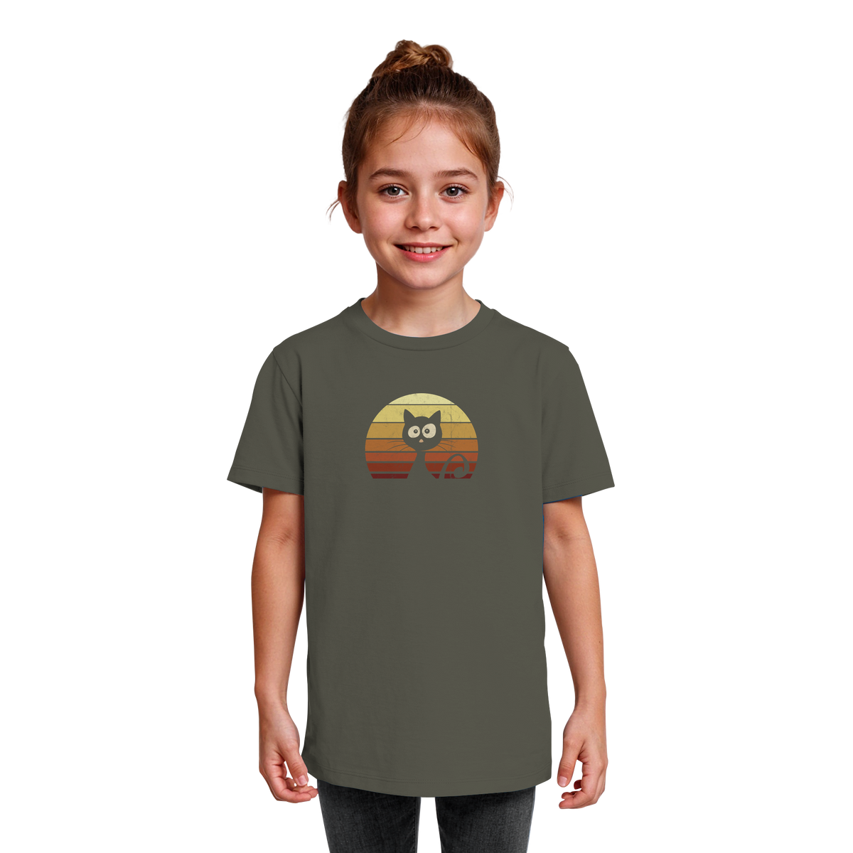 Katze vor Retro Sonnenuntergang - Kids Organic Shirt