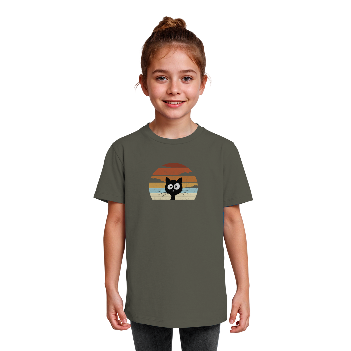 Retro schwarze Katze vor Sonnenuntergang - Kids Organic Shirt