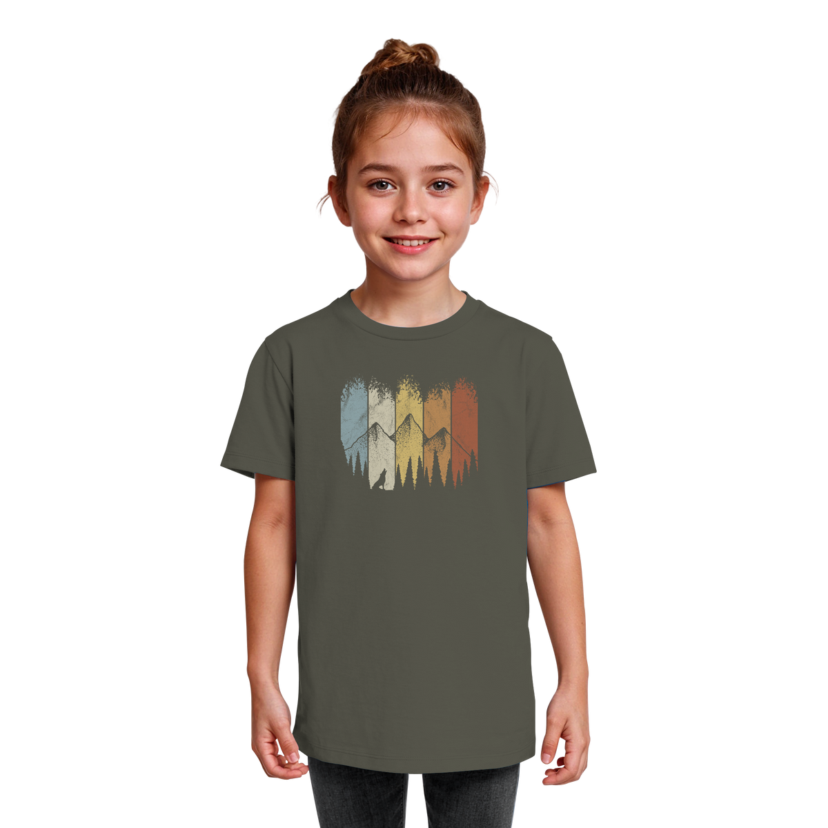 Retro Wald, Berge und Wolf  - Kids Organic Shirt
